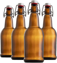 Chef's Star 16 Oz Empty Beer Bottles, Swing Top Glass Bottles, Flip Top Glass Bottle with Caps, Fermentation Home Brewing Kombucha Beer and Coquito, Amber, Set of 4