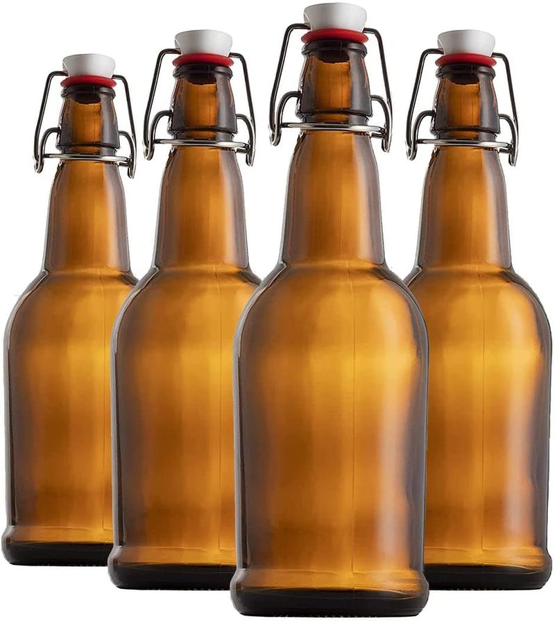 Chef's Star 16 Oz Empty Beer Bottles, Swing Top Glass Bottles, Flip Top Glass Bottle with Caps, Fermentation Home Brewing Kombucha Beer and Coquito, Amber, Set of 4