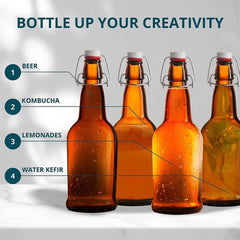 Chef's Star 16 Oz Empty Beer Bottles, Swing Top Glass Bottles, Flip Top Glass Bottle with Caps, Fermentation Home Brewing Kombucha Beer and Coquito, Amber, Set of 4