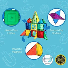 Shapemags Magnetic Tiles Set for Kids - STEM Educational Building Blocks with Car Base and Stabilizer Plate, 100 pieces ,Shapes & Tiles