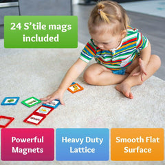 Shapemags Magnetic Tiles Set for Kids - STEM Educational Building Blocks with Car Base and Stabilizer Plate, 100 pieces ,Shapes & Tiles