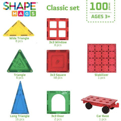 Shapemags Magnetic Tiles Set for Kids - STEM Educational Building Blocks with Car Base and Stabilizer Plate, 100 pieces ,Shapes & Tiles