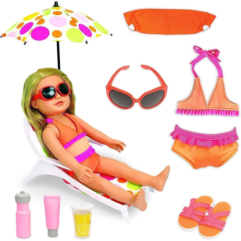 10-Piece Doll Beach Set for 18 inch doll accessories: Summer Fun Collection with Swimsuit, Umbrella, Beach Chair, and More!