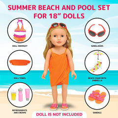 10-Piece Doll Beach Set for 18 inch doll accessories: Summer Fun Collection with Swimsuit, Umbrella, Beach Chair, and More!