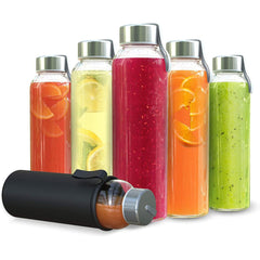 18 Oz Clear Glass Water Bottles, Reusable Glass Juicing Bottles with Protection Sleeve and Stainless Steel Leak Proof Lids