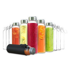 18 Oz Clear Glass Water Bottles, Reusable Glass Juicing Bottles with Protection Sleeve and Stainless Steel Leak Proof Lids