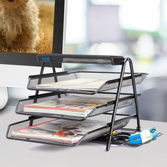 3-Tier Mesh Desk Organizer with Sliding Trays for Office Supplies and File Storage - Black