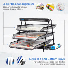 3-Tier Mesh Desk Organizer with Sliding Trays for Office Supplies and File Storage - Black