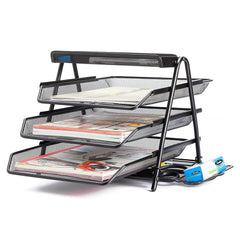 3-Tier Mesh Desk Organizer with Sliding Trays for Office Supplies and File Storage - Black