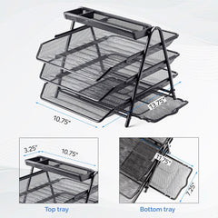 3-Tier Mesh Desk Organizer with Sliding Trays for Office Supplies and File Storage - Black