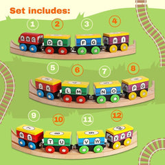 ABC Magnetic Wooden Train Set - 12 Piece Learning Toy for Toddlers - Alphabet and Numbers Recognition