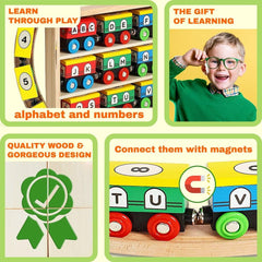 ABC Magnetic Wooden Train Set - 12 Piece Learning Toy for Toddlers - Alphabet and Numbers Recognition