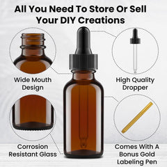 Amber Glass Dropper Bottles - 1oz For Essential Oils, Serums, and Liquid Extracts - With Glass Droppers & Gold Pen