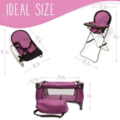 Baby Doll Furniture Set - 3-in-1 Doll High Chair, Crib, and Bouncer Seat with Bedding - Fits 18-inch Dolls - Pretend Play Accessories