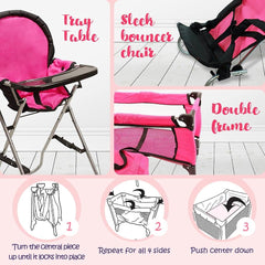 Baby Doll Furniture Set - 3-in-1 Doll High Chair, Crib, and Bouncer Seat with Bedding - Fits 18-inch Dolls - Pretend Play Accessories