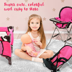 Baby Doll Furniture Set - 3-in-1 Doll High Chair, Crib, and Bouncer Seat with Bedding - Fits 18-inch Dolls - Pretend Play Accessories