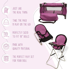 Baby Doll Furniture Set - 3-in-1 Doll High Chair, Crib, and Bouncer Seat with Bedding - Fits 18-inch Dolls - Pretend Play Accessories