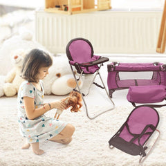 Baby Doll Furniture Set - 3-in-1 Doll High Chair, Crib, and Bouncer Seat with Bedding - Fits 18-inch Dolls - Pretend Play Accessories