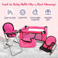 Baby Doll Furniture Set - 3-in-1 Doll High Chair, Crib, and Bouncer Seat with Bedding - Fits 18-inch Dolls - Pretend Play Accessories