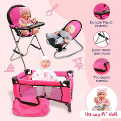 Baby Doll Furniture Set - 3-in-1 Doll High Chair, Crib, and Bouncer Seat with Bedding - Fits 18-inch Dolls - Pretend Play Accessories