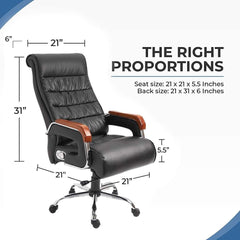 Big and Tall Office Chair - High Back Reclining Executive Chair - Bonded Faux Leather - Adjustable Desk Chair - Comfortable Luxury - Computer Chair - Steel Chrome Base - Wooden Armrest