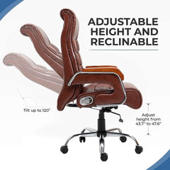 Big and Tall Office Chair - High Back Reclining Executive Chair - Bonded Faux Leather - Adjustable Desk Chair - Comfortable Luxury - Computer Chair - Steel Chrome Base - Wooden Armrest