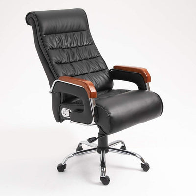 Big and Tall Office Chair - High Back Reclining Executive Chair - Bonded Faux Leather - Adjustable Desk Chair - Comfortable Luxury - Computer Chair - Steel Chrome Base - Wooden Armrest