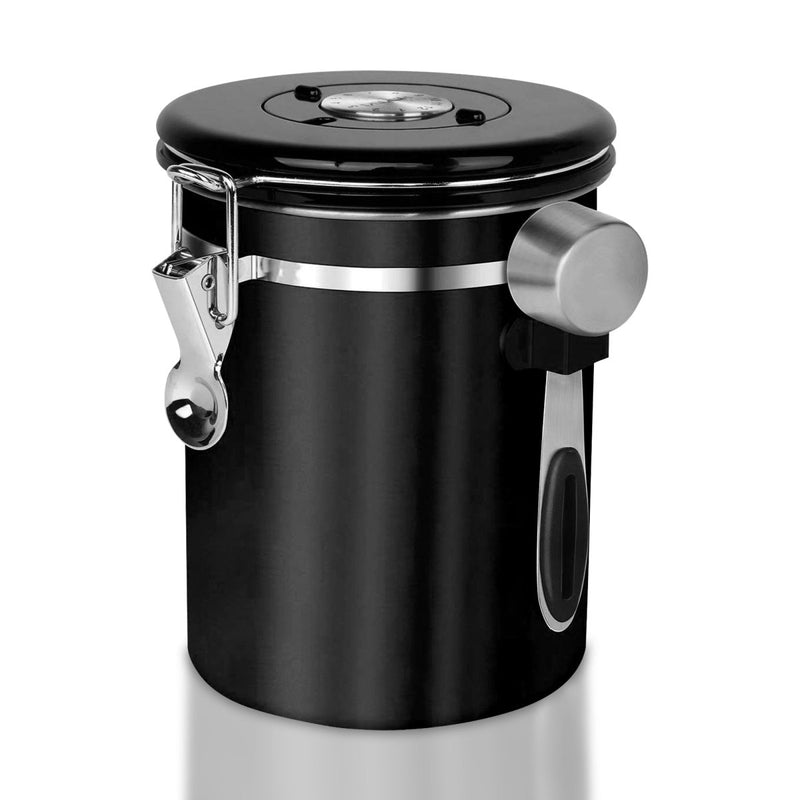 Chef's Star Coffee Canister - 21 Oz, Airtight Stainless Steel Container with Scoop, Date Tracker - Ideal for Coffee, Tea, Flour, Sugar, Rice Storage - Black