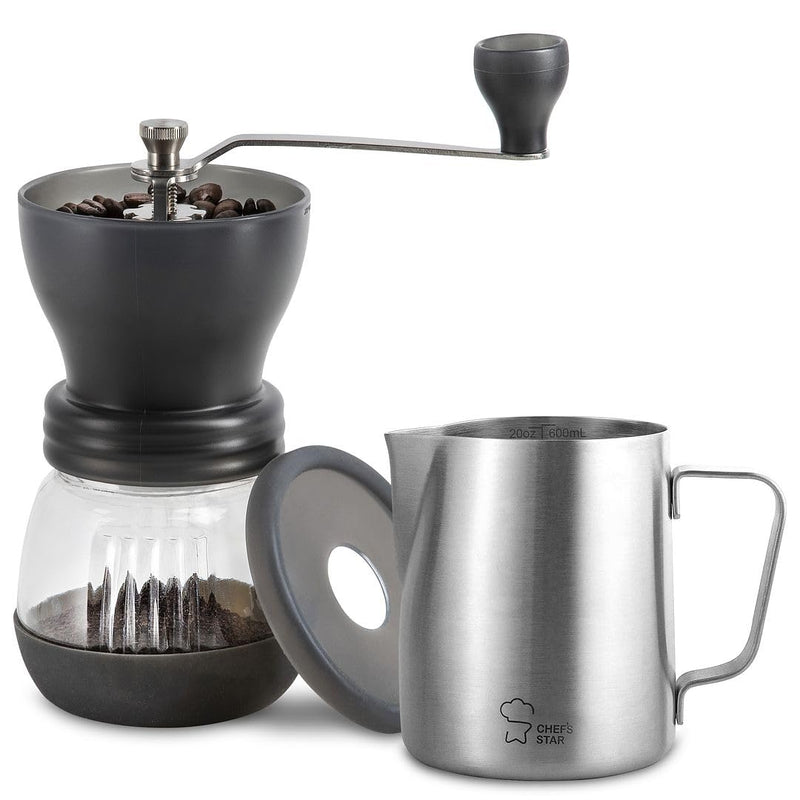 Chef's Star Stainless Steel, 20 Oz Milk Frothing Pitcher and Manual Ceramic Coffee Grinder, Portable Grinder With Detachable Glass Base and Milk Frothing Cup for Latte Foam