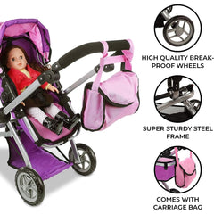 Deluxe Foldable Toy Baby Doll Stroller with Swivel Wheels, Adjustable Handle, Convertible Seat, Bassinet, and Diaper Bag