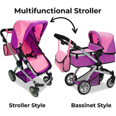 Deluxe Foldable Toy Baby Doll Stroller with Swivel Wheels, Adjustable Handle, Convertible Seat, Bassinet, and Diaper Bag