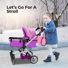 Deluxe Foldable Toy Baby Doll Stroller with Swivel Wheels, Adjustable Handle, Convertible Seat, Bassinet, and Diaper Bag