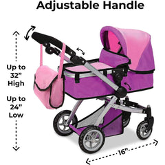 Deluxe Foldable Toy Baby Doll Stroller with Swivel Wheels, Adjustable Handle, Convertible Seat, Bassinet, and Diaper Bag