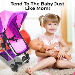 Deluxe Foldable Toy Baby Doll Stroller with Swivel Wheels, Adjustable Handle, Convertible Seat, Bassinet, and Diaper Bag