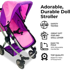 Deluxe Foldable Toy Baby Doll Stroller with Swivel Wheels, Adjustable Handle, Convertible Seat, Bassinet, and Diaper Bag