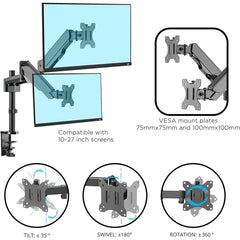 Dual Monitor Stand - Height Adjustable Gas Spring Desk Mount for 2 Monitors (10-27 inches) - Black