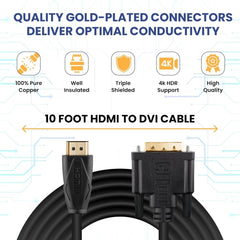 DVI to HDMI Cable 10ft - Bi-Directional HDMI to DVI Adapter - 1080P HD Quality - Compatible with Raspberry Pi, Roku, Xbox, PS5, Graphics Card, Blu-ray, DVD