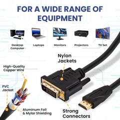 DVI to HDMI Cable 10ft - Bi-Directional HDMI to DVI Adapter - 1080P HD Quality - Compatible with Raspberry Pi, Roku, Xbox, PS5, Graphics Card, Blu-ray, DVD