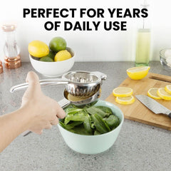 Effortless Citrus Juicing with Chef's Star Stainless Steel Lemon Squeezer - Rust-Proof Manual Citrus Juicer for Lemons, Limes, and Small Oranges, Small