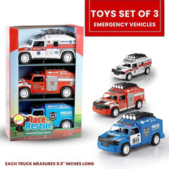 Emergency Rescue Vehicles Playset - Set of 3 Fire Truck, Police Car, Ambulance Toys with Lights and Sirens