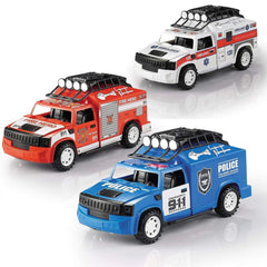 Emergency Rescue Vehicles Playset - Set of 3 Fire Truck, Police Car, Ambulance Toys with Lights and Sirens