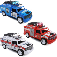 Emergency Rescue Vehicles Playset - Set of 3 Fire Truck, Police Car, Ambulance Toys with Lights and Sirens