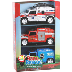 Emergency Rescue Vehicles Playset - Set of 3 Fire Truck, Police Car, Ambulance Toys with Lights and Sirens