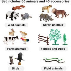 Explore the Animal Kingdom: 100-Piece Plastic Figure Playset with Accessories and Storage Container