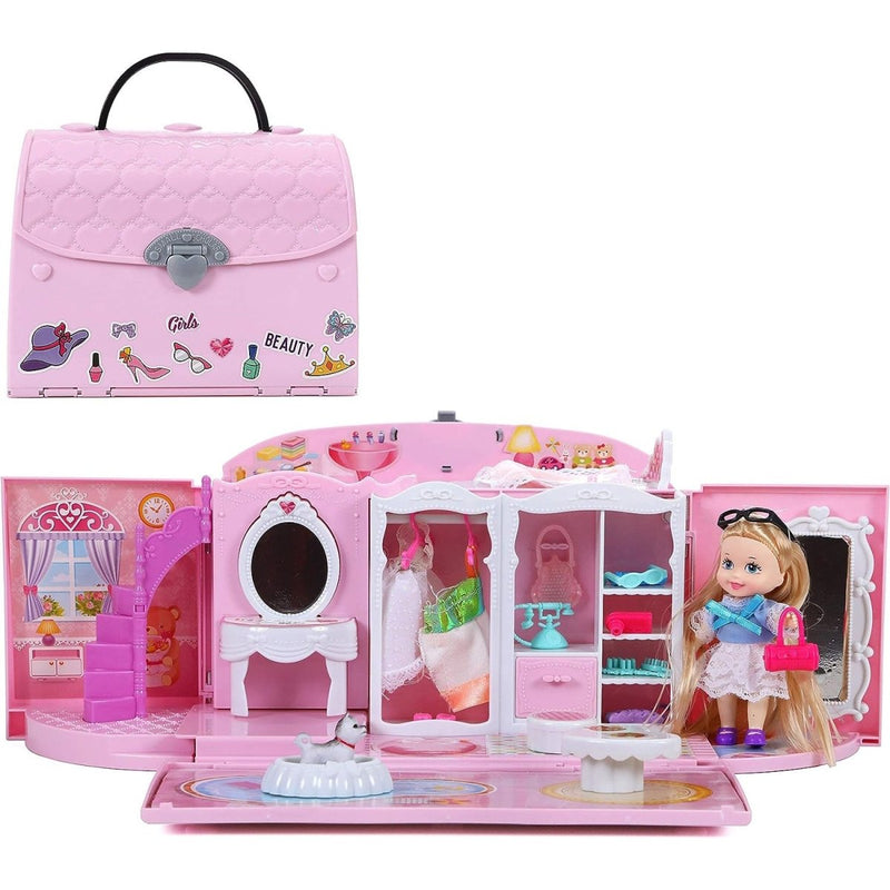 Fold & Go 50-Piece Travel Dollhouse Set with Doll, Furniture, and Accessories in a Portable Carry Case