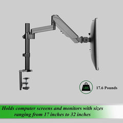 Gas Spring Desk Mount Monitor Stand - Adjustable Height Articulating Arm for 10"-27" LED/LCD/PDP Monitors - VESA 100x100 and 75x75 Compatible - 16 lb Capacity - Single Arm