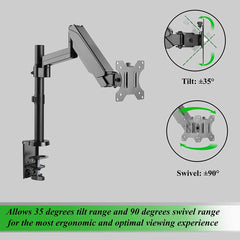 Gas Spring Desk Mount Monitor Stand - Adjustable Height Articulating Arm for 10"-27" LED/LCD/PDP Monitors - VESA 100x100 and 75x75 Compatible - 16 lb Capacity - Single Arm