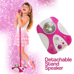 Karaoke Disco Light Adjustable Mic & Speaker Stand - Pink 12 Pre-loaded Songs, Smartphone and MP3 Connectivity