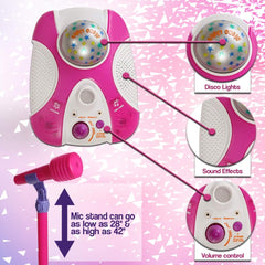 Karaoke Disco Light Adjustable Mic & Speaker Stand - Pink 12 Pre-loaded Songs, Smartphone and MP3 Connectivity