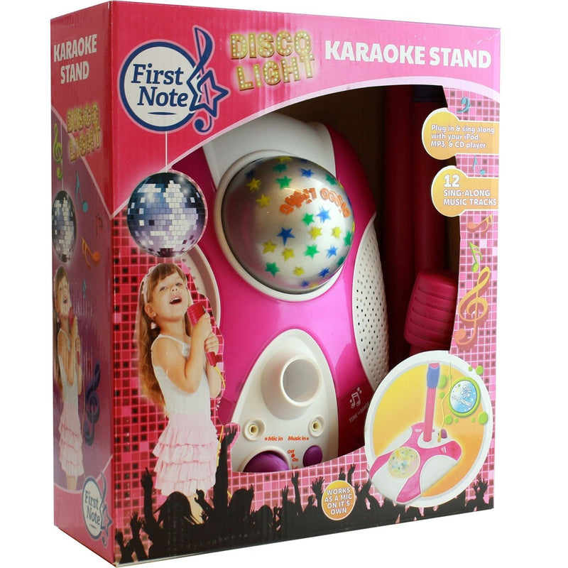 Karaoke Disco Light Adjustable Mic & Speaker Stand - Pink 12 Pre-loaded Songs, Smartphone and MP3 Connectivity